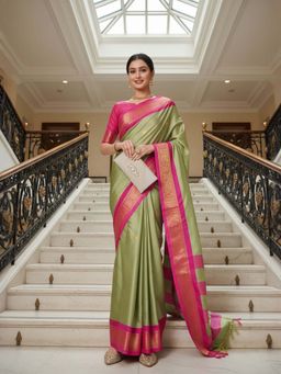 A S CREATION - Women Cotton Silk Green Woven Handloom Saree with Unstitched Blouse