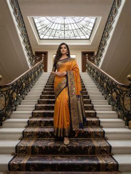 A S CREATION - Women Cotton Silk Mustard Woven Handloom Saree with Unstitched Blouse