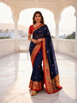 A S CREATION - Women Cotton Silk Navy Blue Woven Handloom Saree with Unstitched Blouse