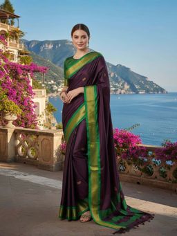 A S CREATION - Women Cotton Silk Burgundy Woven Handloom Saree with Unstitched Blouse