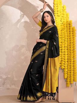 A S CREATION - Women Cotton Silk Black Woven Handloom Saree with Unstitched Blouse