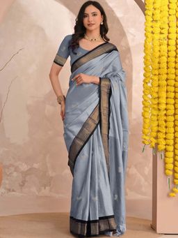 A S CREATION - Women Cotton Silk Grey Woven Handloom Saree with Unstitched Blouse