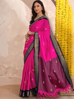 A S CREATION - Women Cotton Silk Magenta Woven Handloom Saree with Unstitched Blouse