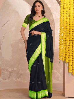 A S CREATION - Women Cotton Silk Black Woven Handloom Saree with Unstitched Blouse