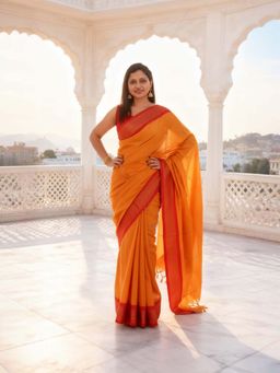A S CREATION - Women Cotton Silk Orange Woven Handloom Saree with Unstitched Blouse