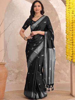 A S CREATION - Women Cotton Silk Black Woven Handloom Saree with Unstitched Blouse