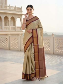 A S CREATION - Women Cotton Silk Beige Woven Handloom Saree with Unstitched Blouse