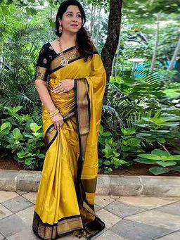 A S CREATION - Women Cotton Silk Olive Woven Handloom Saree with Unstitched Blouse
