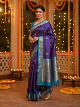 A S CREATION - Women Cotton Silk Purple Woven Handloom Saree with Unstitched Blouse