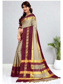 A S CREATION - Women Cotton Silk Beige Woven Handloom Saree with Unstitched Blouse
