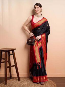 A S CREATION - Women Cotton Silk Black Woven Handloom Saree with Unstitched Blouse