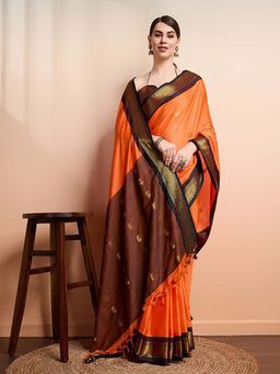 A S CREATION - Women Cotton Silk Orange Woven Handloom Saree with Unstitched Blouse