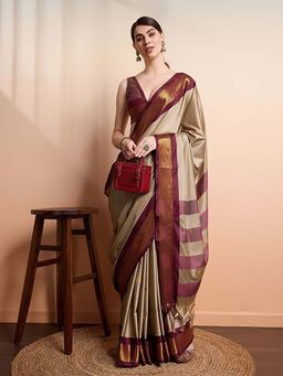 A S CREATION - Women Cotton Silk Beige Woven Handloom Saree with Unstitched Blouse