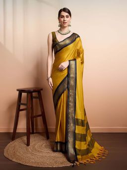 A S CREATION - Women Cotton Silk Olive Woven Handloom Saree with Unstitched Blouse