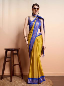 A S CREATION - Women Cotton Silk Olive Woven Handloom Saree with Unstitched Blouse