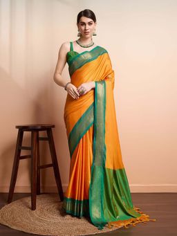 A S CREATION - Women Cotton Silk Orange Woven Handloom Saree with Unstitched Blouse