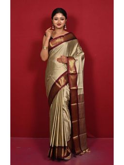 A S CREATION - Women Cotton Silk Beige Woven Handloom Saree with Unstitched Blouse