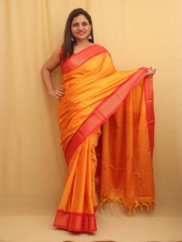 A S CREATION - Women Cotton Silk Orange Woven Handloom Saree with Unstitched Blouse