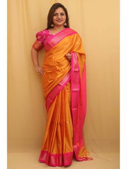 A S CREATION - Women Cotton Silk Orange Woven Handloom Saree with Unstitched Blouse