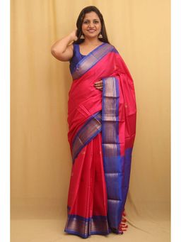 A S CREATION - Women Cotton Silk Pink Woven Handloom Saree with Unstitched Blouse