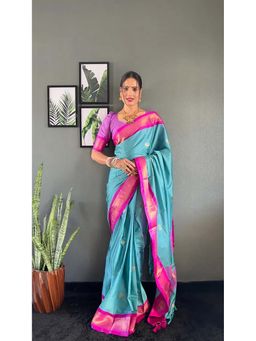 A S CREATION - Women Cotton Silk Teal Woven Handloom Saree with Unstitched Blouse