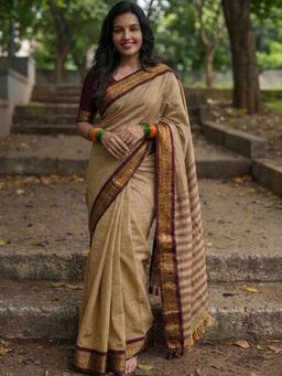 A S CREATION - Women Cotton Silk Beige Woven Handloom Saree with Unstitched Blouse