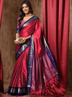 A S CREATION - Women Cotton Silk Pink Woven Handloom Saree with Unstitched Blouse