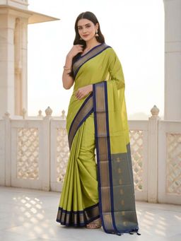 A S CREATION - Women Cotton Silk Olive Woven Handloom Saree with Unstitched Blouse