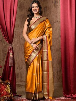 A S CREATION - Women Cotton Silk Yellow Woven Handloom Saree with Unstitched Blouse