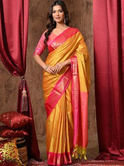 A S CREATION - Women Cotton Silk Mustard Woven Handloom Saree with Unstitched Blouse