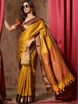 A S CREATION - Women Cotton Silk Mustard Woven Handloom Saree with Unstitched Blouse