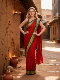 A S CREATION - Women Cotton Silk Red Woven Handloom Saree with Unstitched Blouse