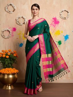 A S CREATION - Women Cotton Silk Green Woven Handloom Saree with Unstitched Blouse
