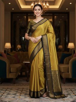 A S CREATION - Women Cotton Silk Olive Woven Handloom Saree with Unstitched Blouse