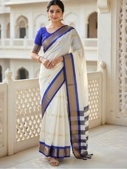 A S CREATION - Women Cotton Silk White Woven Handloom Saree with Unstitched Blouse