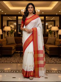 A S CREATION - Women Cotton Silk White Woven Handloom Saree with Unstitched Blouse