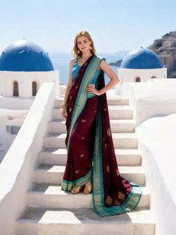 A S CREATION - Women Cotton Silk Burgundy Woven Handloom Saree with Unstitched Blouse
