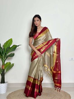 A S CREATION - Women Cotton Silk Beige Woven Handloom Saree with Unstitched Blouse