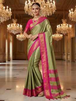 A S CREATION - Women Cotton Silk Olive Woven Handloom Saree with Unstitched Blouse