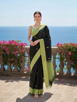 A S CREATION - Women Cotton Silk Black Woven Handloom Saree with Unstitched Blouse