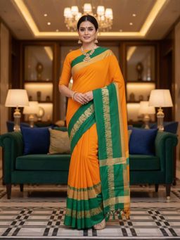 A S CREATION - Women Cotton Silk Orange Woven Handloom Saree with Unstitched Blouse