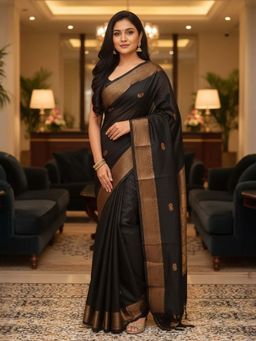 A S CREATION - Women Cotton Silk Black Woven Handloom Saree with Unstitched Blouse