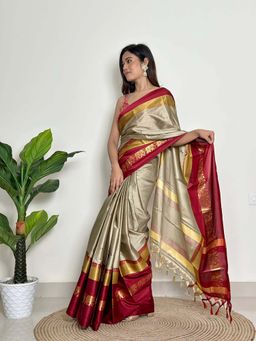 A S CREATION - Women Cotton Silk Beige Woven Handloom Saree with Unstitched Blouse