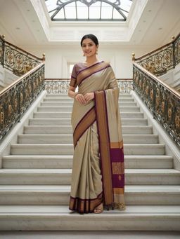 A S CREATION - Women Cotton Silk Beige Woven Handloom Saree with Unstitched Blouse