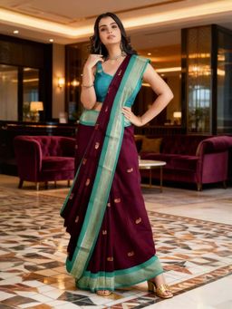 A S CREATION - Women Cotton Silk Wine Woven Handloom Saree with Unstitched Blouse