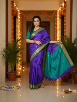 A S CREATION - Women Cotton Silk Purple Woven Handloom Saree with Unstitched Blouse