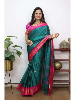 A S CREATION - Women Cotton Silk Teal Woven Handloom Saree with Unstitched Blouse
