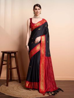A S CREATION - Women Cotton Silk Black Woven Handloom Saree with Unstitched Blouse