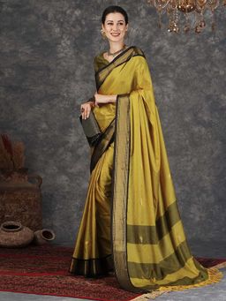 A S CREATION - Women Cotton Silk Olive Woven Handloom Saree with Unstitched Blouse