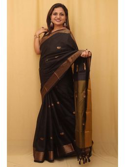 A S CREATION - Women Cotton Silk Black Woven Handloom Saree with Unstitched Blouse